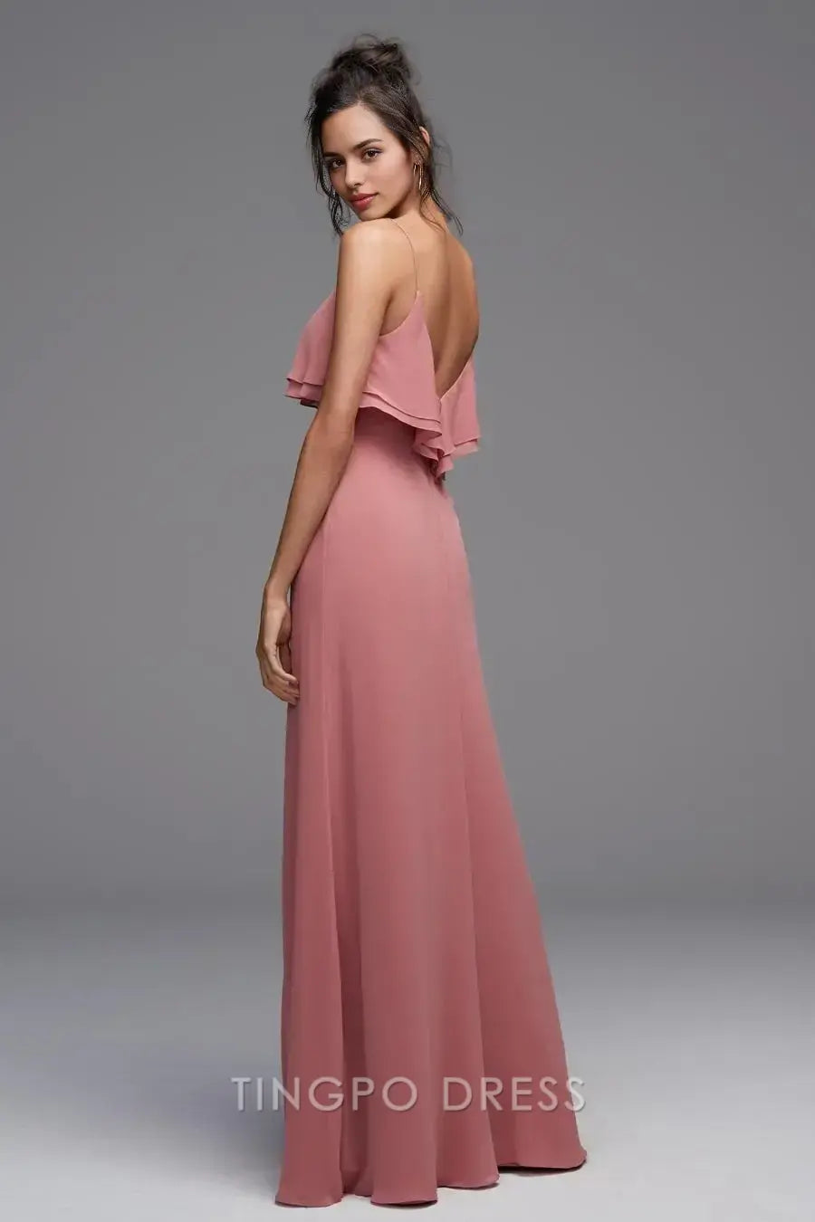 TingPo Wholesale Elegant Blush Pink Spaghetti Strap Dress - Double Ruffled Bodice Maxi Evening Gown